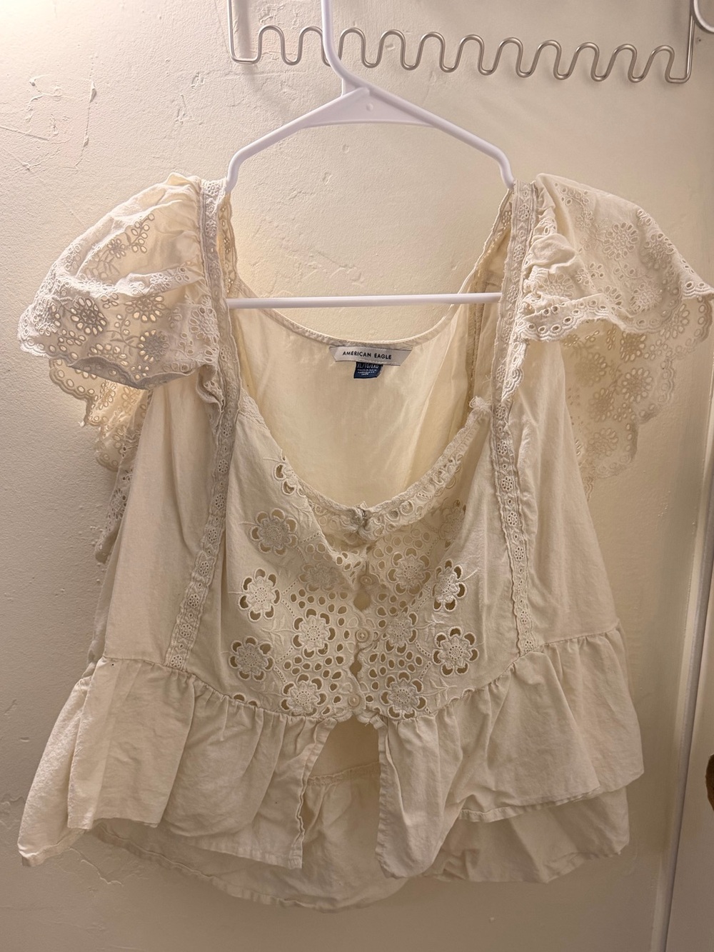 American Eagle Outfitters Cream Eyelet Ruffle Peasant Blouse